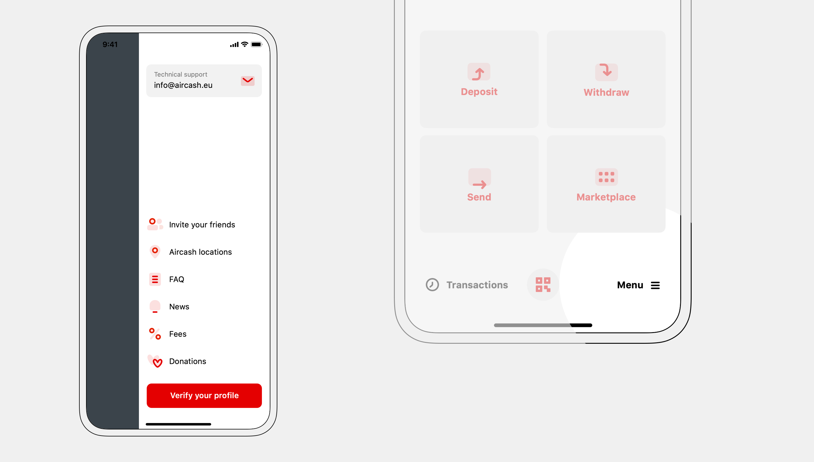 Aircash side menu